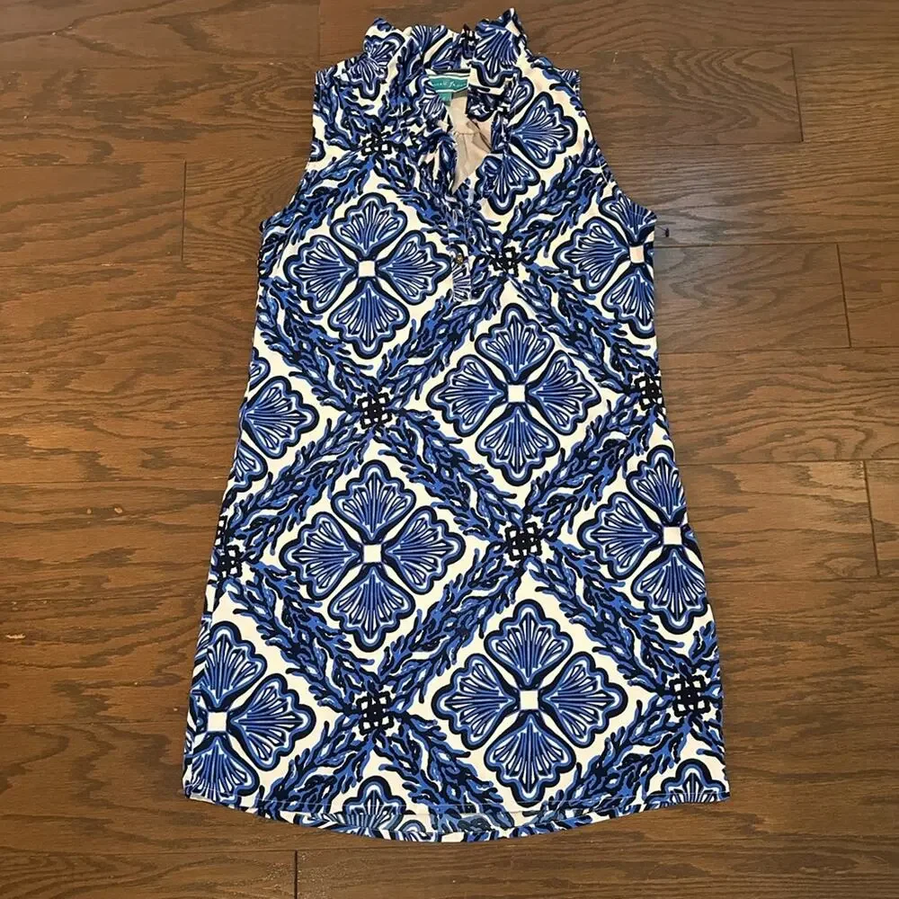 Southern Frock Blue White Sleeveless Ruffle Neck Shift Dress Size Small